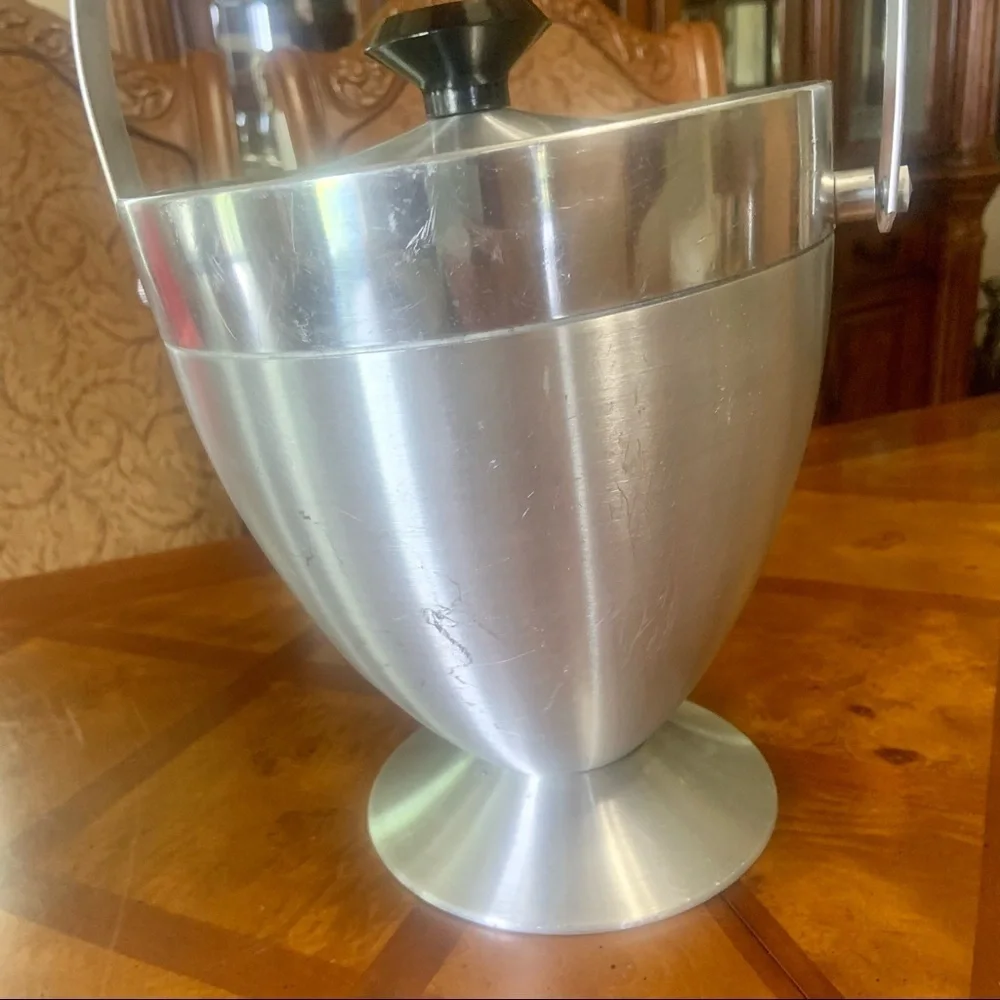 Vintage Mid Century Modern Brushed Stainless Steel Ice Bucket & Strainer